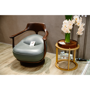 Luxury <b>Swivel</b> Accent Chair Walnut Wood Frame Black Leather Upholstered Seat Gold Metal Base Hotel Furniture PISANO - Product Image 1