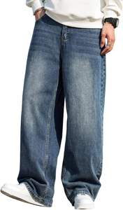 Jean en denim délavé coupe large pour homme, taille mi-haute, coupe ample, en coton tissé, style décontracté automne - Product Image 3