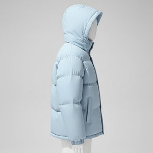 Unisex <b>Light</b> Blue Hooded <b>Puffer</b> <b>Jacket</b> Solid Color Windproof Zipper Closure Casual Winter Outerwear Thick Polyester Filling - Product Image 6