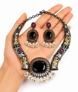 Parure Collier et Boucles d'Oreilles en Laiton Bicolore Oxydé, Gouttes de Turquoise – Bijoux Bohèmes pour Femme, Idéal Cadeau de Fiançailles ou de Mariage - Product Image 3