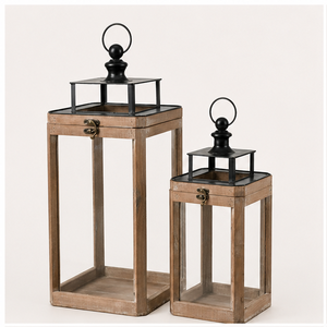 Set of 2 <b>Large</b> Farmhouse Wooden <b>Lanterns</b> with Metal Top Rustic Decorative Floor Candle Holders for Indoor Outdoor Home Decor - Product Image 6