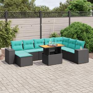 ชุดโซฟาลานบ้านหวายโพลีสีดำ 9 ชิ้นพร้อมชุดเบาะรองนั่งในสวน - Product Image 1