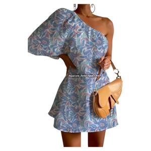 Vestido transpirable de manga abullonada con un solo hombro y estampado a mano, sexy y de ajuste regular, para mujer, estilo europeo-americano transfronterizo. - Product Image 2
