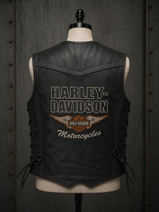H-D Men's Genuine Leather Waterproof Breathable Windproof Autumn Moto <b>Vest</b> Embroidered Logo Back Solid <b>Black</b> Outer Wear - Product Image 4