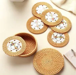 Handwoven rattan round wicker <b>drink</b> <b>coasters</b> featuring a subtle woven spiral design, eco mats available at wholesale prices. - Product Image 3
