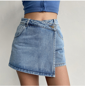 Jupe-short décontractée en jean pour femme, taille mi-haute, coupe trapèze, design asymétrique, séchage rapide, motif 3D vintage, en nylon/coton - Product Image 6