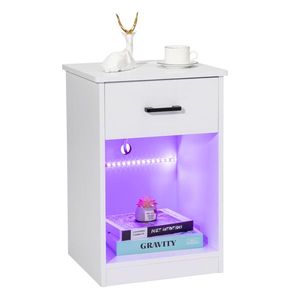 Comodino in truciolato bianco con LED, 1 cassetto e presa, 40x35x60cm - Product Image 5