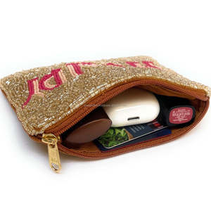 Pochette perlée 'Howdy' pour enterrement de vie de jeune fille à Nashville, style cowgirl western, porte-monnaie doré, mini portefeuille zippé, vente en gros pour boutiques - Product Image 3