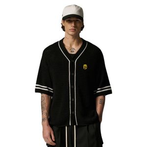 Men Crochet Knitted Baseball <b>Shirt</b> Short Sleeve Button Down Stripe Trim Casual Knit Top OEM Wholesale Supply - Product Image 6