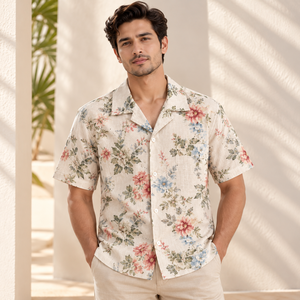 Elegant Mens Cotton Slub Camp Collar <b>Shirt</b> Short Sleeve Floral Printed Beach Wear Casual Summer Resort Fashion Wholesale Supply - Product Image 4