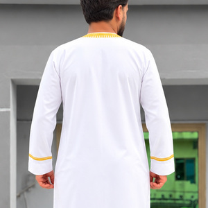 Islamic <b>Men</b> <b>Thobe</b> Set Round Neck Long Sleeve and Pants Solid Muslim Robe Suit Breathable Polyester - Product Image 3