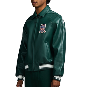Chaqueta Bomber Avirex de Cuero Vacuno Verde Bosque para Hombre, Estilo Urbano, con Ribete Frontal de Punto y Puños a Rayas, Cuello de Solapa de Cuero - Product Image 4