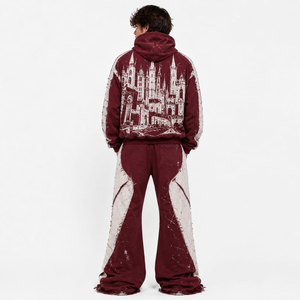 Survêtement unisexe marron et blanc à capuche avec fermeture éclair intégrale, style streetwear ample, imprimé motif château, pour l'automne - Product Image 3