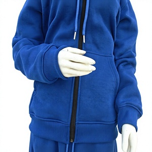Ensemble de survêtement décontracté pour femme bleu roi à manches longues, haut et bas, 100 % coton biologique molletonné, respirant, séchage rapide, à capuche, design 2-en-1 - Product Image 1