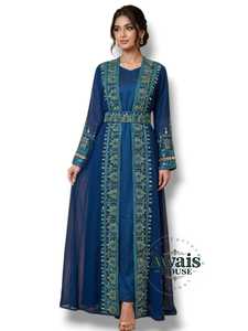 Awais House Blue Embroidered Open <b>Kaftan</b> <b>Long</b> Sleeve Floor Length V Neck Modest <b>Dress</b> Wedding Eid Women's Elegant Traditional - Product Image 1