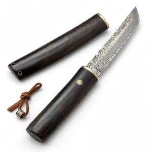 Cuchillo utilitario de precisión hecho a mano con hoja de acero Damasco Raindrop, mango de madera de ébano oscuro, collarín de latón y funda de madera. - Product Image 4