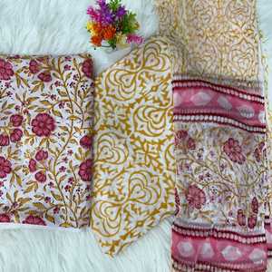 Tissu en coton doux imprimé au bloc, non coupé, pour Salwar Kameez, matière de robe en coton avec dupatta en mousseline, tissu imprimé en coton pour costume - Product Image 2