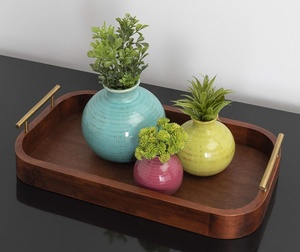 Bandeja de Almacenamiento Ovalada de Madera Maciza de Lujo con Elegantes Asas de Latón, Borde Profundo y Acabado Liso para Cocina, Comedor, Mesa de Centro y Decoración del Hogar - Product Image 1