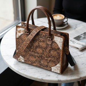 New Brown & White Color Hand Tooled Florals Carved 100% Genuine Leather Water Resistant <b>Lightweight</b> Tote Purse <b>Bag</b> For Daily Use - Product Image 1