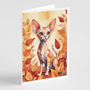 Devon Rex Cat in Fall Leaves Whimsical A7 <b>Greeting</b> <b>Cards</b> Pack of 8 Blank <b>Note</b> <b>Cards</b> with Envelopes 5x7 Size - Product Image 1