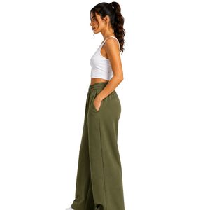 Pantalon de survêtement vert olive à jambes larges pour femme, taille élastique, coupe ample, en molleton de coton, pantalon de détente oversize, streetwear décontracté - Product Image 3