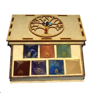 7 Chakra Engraved Disc Set with Buddha Gift Box | Wholesale Chakra Reiki Gift stone Box Supplier Gemstone Agate Antique Love