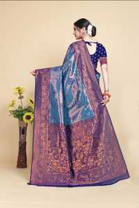 Sari indien traditionnel en soie bleu et violet avec broderie florale Zari, pour femme, idéal pour mariage et festivals, coupe classique, longueur au sol - Product Image 4