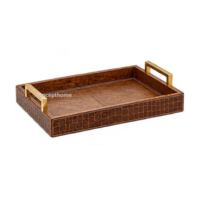 Bandeja Rectangular Marrón con Patrón de Cocodrilo, Asas de Latón y Acabado Lacado para Uso Residencial - Product Image 6