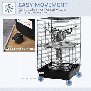 Gabbia per Animali Domestici in Metallo Nero da 42 Pollici con Ruote e Freni, Amache e Tunnel Sospesi, 3 Porte, Habitat per Furetti, Casetta per Piccoli Animali - Product Image 4