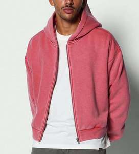 Sweat-shirt court unisexe rose à capuche zippé en molleton décontracté coupe oversize pour l'automne, à manches classiques, couleur unie, tricoté - Product Image 4