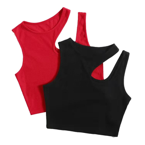Women's Hip Hop Style 100% Cotton Knitted Solid Color Halter Neck Short Crop Tank <b>Top</b> with Lace Button Ribbons in Green - Product Image 3