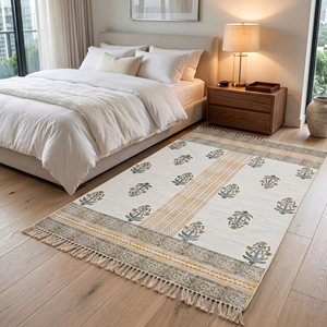 Tapis floral en coton fait main, lavable, imprimé au bloc, tissage plat, style bohème, antidérapant, pour salon, chambre, intérieur - Product Image 2