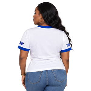เสื้อยืด Zeta Phi Beta 1920 รุ่น Ringer สำหรับผู้หญิง สีขาว แต่งขอบสีน้ำเงินรอยัล ผ้าทวิลล์ ปักตัวเลข ตัวอักษรกรีกแบบละเอียด ที่แขนเสื้อ ลาย Sorority Tee - Product Image 2