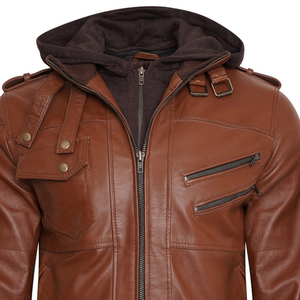 Chaqueta de Moto para Hombre, de Cuero Genuino Marrón, con Forro de Poliéster Resistente al Viento, Cierre de Cremallera y Bolsillos, Estilo Otoñal - Product Image 5