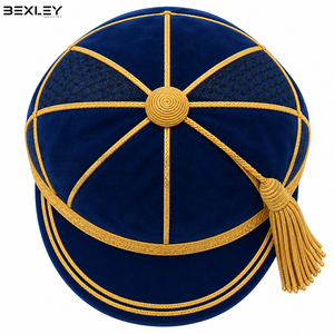 Gorro de Terciopelo Azul Rey Texturizado de Alta Calidad con Ribete de Trenza Dorada y Borla, Clásico para Presentaciones de Equipos Deportivos Universitarios - Product Image 2