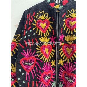 Fezan Handicrafts Black <b>Velvet</b> Jacket Y2K Stand Collar <b>Coat</b> Hand Embroidered Eye Heart Floral Pattern Winter Outerwear - Product Image 6