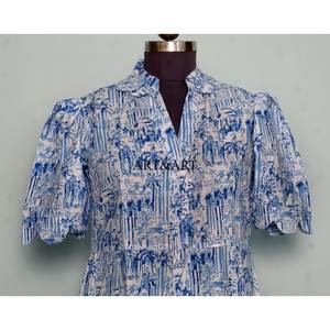 Women's Summer Floral Digital Printing Lace Cotton Midi <b>Dress</b> Wholesale <b>High</b> Quality Short-Sleeve Beach <b>dress</b> <b>with</b> Natural <b>Waist</b> - Product Image 2