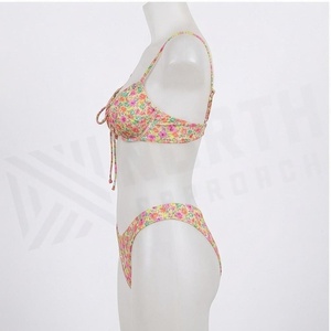 Ensemble bikini 2 pièces à imprimé floral pour femme, col plongeant, bas de maillot de bain string à nouer devant, maillot de bain extensible - Product Image 3