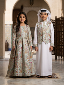 Embroidered Brocade <b>Satin</b> Silk Fabric Floral Pattern for Women Dress Jacket <b>Abaya</b> Kaftan burkha bride & bridal wear kids jacket - Product Image 2