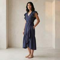 Robe mi-longue en coton et lin bleu marine pour femmes, avec volants, tissu léger, confortable pour un usage quotidien