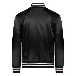 Men's Black Satin Waterproof Varsity Jacket Regular Fit Stand Collar <b>Covered</b> <b>Button</b> Closure Casual Solid Color Winter Wear - Product Image 3