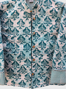 Veste en coton à col montant pour femmes grandes tailles, imprimé feuilles bleues, simple boutonnage, style bohème - Product Image 6