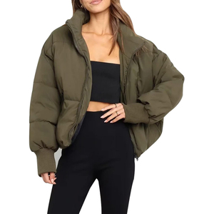 Women's <b>Cropped</b> <b>Puffer</b> <b>Jacket</b> Solid Color Stand Collar Zipper Closure Full Sleeve Winter Warm Thick Outerwear Best Selling - Product Image 2