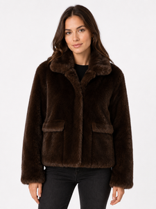 Veste en fausse fourrure marron foncé de luxe pour femme, manteau d'hiver haut de gamme, vêtement d'extérieur élégant en peluche, veste en fausse fourrure douce et chaude, veste tendance chic pour femme - Product Image 1