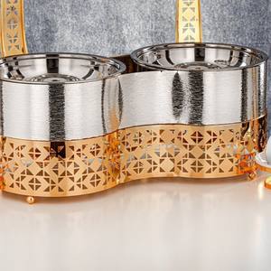 Calentador de Comida Tipo Buffet Doble Redondo de Lujo en Plata y Oro con Base Cortada con Láser y Tapas Colgantes para Catering de Bodas - Product Image 6