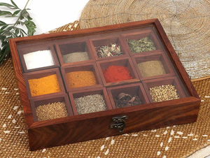 Caja de especias de madera de Sheesham con 12 recipientes, tarros y cuchara, organizador de especias de cocina de madera, Masala Dabba, Masala Dani, para condimentos - Product Image 6