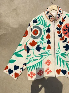 Hand Embroidered Cotton <b>Boho</b> Jacket for Women Floral Heart Pattern Ethnic Suzani Style Short Coat Casual Wear - Product Image 2