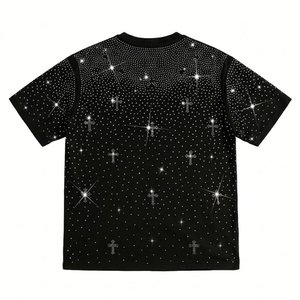 Conjuntos de camisas y pantalones cortos negros para hombre, con logotipo impreso personalizado, lavado ácido y pedrería, los más vendidos, para ropa urbana vintage de alta calidad. - Product Image 3
