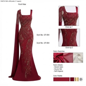 Robe longue élégante de soirée en satin bordeaux à col carré avec cape d'épaule intégrée, respirante et brodée à la main - Product Image 1