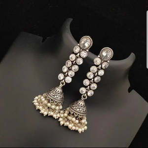 Women's Oxidised Elegant Gold Plated Alloy Jhumka Drop Earrings with White Zircon and Pearl Stones for Wedding Occasion Indian - Product Image 1